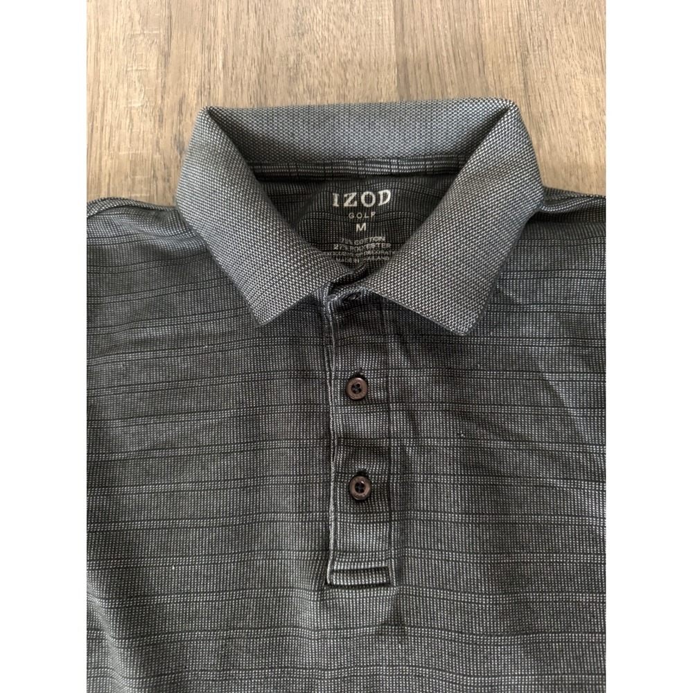 IZOD Golf Mens Medium Charcoal Gray Striped Short Sleeve Polo Shirt